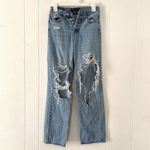 Aero Womens 00 Jeans 90s Baggy High Waist Straight Holes Destroyed Button Fly‎